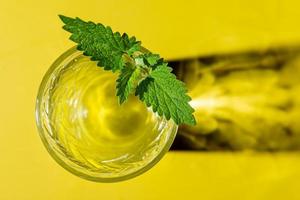 Fresh mint still water on a yellow background with mint leaves. Top view photo