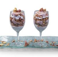 homemade ice cream nut and strawberry in two transparent glass photo