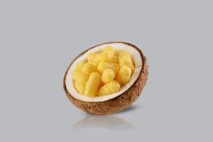 coconut half isolate. coco isolated open coconut with chips photo