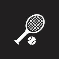 eps10 vector blanco pelotas de tenis y raqueta de tenis icono de arte abstracto aislado sobre fondo negro. símbolo deportivo en un estilo moderno y sencillo para el diseño de su sitio web, logotipo y aplicación móvil