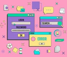 Set of vaporwave UI and UX elements. PC retro game frame. Nostalgic style 70s, 80s, 90s. vector