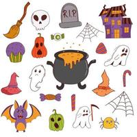 Funny halloween set pumpkin, ghost, witch hat, bat, sweets, spider, broom. Trick or treat concept. Vector illustration in hand drawn style