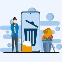 woman cleaning cell phone from junk files. woman deleting documents with software. Users delete folders with documents, photos, videos, games to the trash, clear cache vector