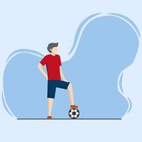 Football player concept. men practicing before a competition in a flat vector illustration isolated on a white background. Cartoon man standing by stepping on the ball