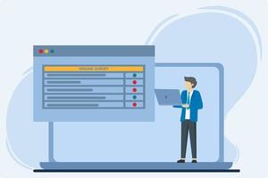 online poll and survey vector illustration concept, man monitoring online survey results using laptop, to make list paper notes, usable for, landing page, template, ui, web, homepage, poster, banne