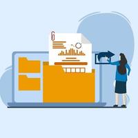 Vector illustration of woman sending document files for business. Concept of sharing or sending files, data transfer, documentation transfer, file management, electronic document management.