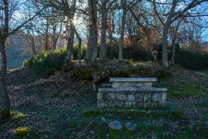 mesa y banco de piedra en medio del bosque de montaña foto