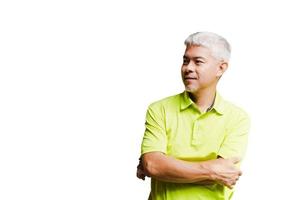 Portrait of asian middle age man with grey hair isolated in white background. photo