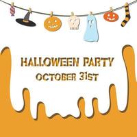 Halloween party paper cut flowing down poster with pumpkins, ghost and skull. Spooky Halloween party poster. vector
