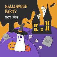 cartel de corte de papel de halloween con fantasmas, calabazas y murciélagos. cartel espeluznante de halloween en colores naranja, morado y naranja. vector
