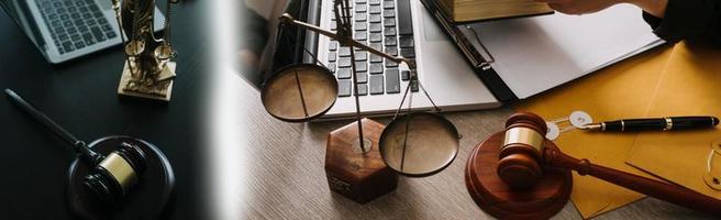 Business and lawyers discussing contract papers with brass scale on desk in office. Law, legal services, advice, justice and law concept picture with film grain effect photo