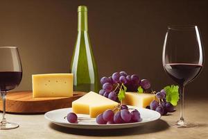 A bottle of wine with grapes and cheese plate. photo