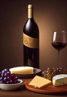 una botella de vino con uvas y plato de queso. foto