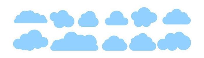 Set of different white clouds. Vector illustration isolated on blue background