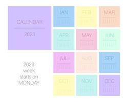 Calendar template for 2023. Square design with bright pastel and neon colors. Desk or wall calendar 12 months with cover. Vector mesh. Week starts on Monday.