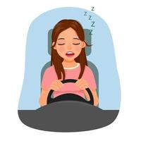 mujer joven conductora somnolienta que se queda dormida mientras conduce un automóvil vector