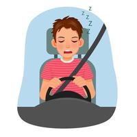 joven conductor masculino soñoliento que se queda dormido mientras conduce un automóvil