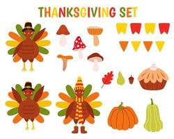 Thanksgiving elements set. Autumn icons collection with native American, pilgrim turkey, animals, harvest, pumpkins, mushroom, pie. Fall holiday pack. Vector flat cartoon illustration.