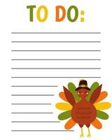 To do list template. Pilgrim Turkey Thanksgiving. Organizer and Schedule with place for Notes. Good for Kids. Vector flat cartoon illustration.