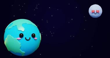 adorable y lindo planeta tierra y luna de dibujos animados en 3d sobre fondo de estrellas espaciales. pancarta o afiche del día internacional de la madre tierra. fondo conceptual feliz día de la tierra foto