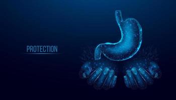 Two human hands are holds human stomach. Concept for medical, treatment of the digestive system.  Abstract modern 3d vector illustration on dark blue background.