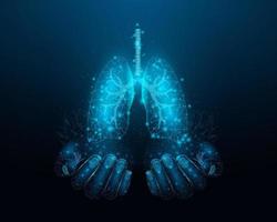 Two human hands are holds human lungs. Support healthy lungs concept. Wireframe glowing low poly design on dark blue background. Abstract futuristic vector illustration.