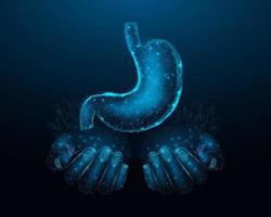 Two human hands are holds human stomach. Concept for medical, treatment of the digestive system.  Abstract modern 3d vector illustration on dark blue background.