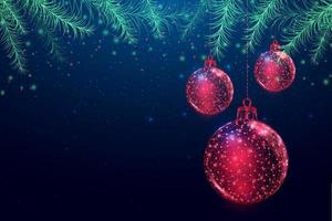 Wireframe Christmas ball and Christmas tree branches, low poly style. New Year banner. Abstract modern 3d vector illustration on blue background.