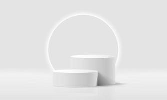 White realistic 3d cylinder pedestal podium with circle rounded neon light backdrop. Abstract vector rendering geometric. Product display presentation. Minimal scene. Social media post background.