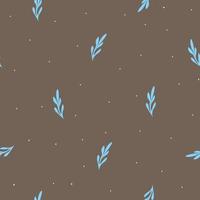 seamless pattern with hand drawn sky blue leaves and dots on brown background,simple spring illustration for bookend,wallpaper,abstract print for textile. vector