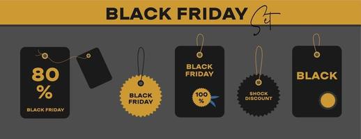 A set of black and gold tags, labels and stamp stickers. Black Friday, sale. Discount. Shock price. Label templates for the store of things. Luxury segment. vector