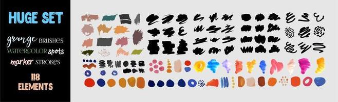 A huge set of hand-drawn elements of grunge brushes, watercolor spots, marker strokes, textures and patterns, graphic elements. Elements for web design and printing, packaging, marketing materials. vector