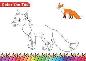 Coloring page for Fox vector illustration.  Kindergarten children Coloring pages activity worksheet with funny cute Fox cartoon.  Fox isolated on white background for color books.