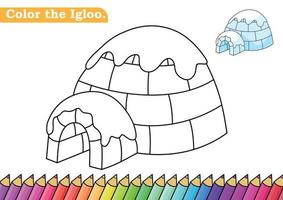 Coloring page for Igloo vector illustration.  Kindergarten children Coloring pages activity worksheet with cute Igloo cartoon.  Igloo isolated on white background for color books.