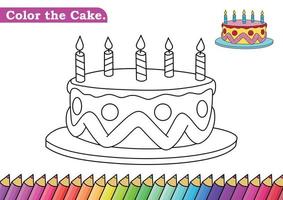 Coloring page for Cake vector illustration.  Kindergarten children Coloring pages activity worksheet with cute big Cake cartoon.  Cake isolated on white background for color books.