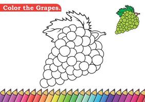 página de color para la ilustración de vector de uvas. Hoja de trabajo de actividad de páginas para colorear de niños de jardín de infantes con lindos dibujos animados de uvas. uvas aisladas sobre fondo blanco para libros de colores.