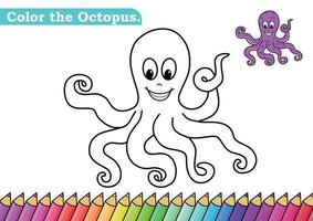 Coloring page for Octopus vector illustration.  Kindergarten children Coloring pages activity worksheet with funny Octopus cartoon.  Octopus isolated on white background for color books.