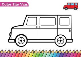 Coloring page for Van vector illustration.  Kindergarten children Coloring pages activity worksheet with big cute Van cartoon.  Van isolated on white background for color books.