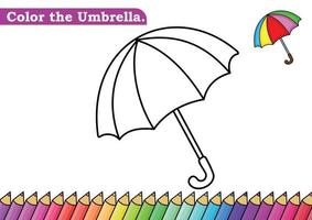 Coloring page for Umbrella vector illustration.  Kindergarten children Coloring pages activity worksheet with cute Umbrella cartoon.  Umbrella isolated on white background for color books.