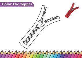 Coloring page for Zipper vector illustration.  Kindergarten children Coloring pages activity worksheet with cute little Zip cartoon.  Zip isolated on white background for color books.