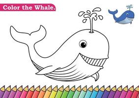 Coloring page for Whale vector illustration.  Kindergarten children Coloring pages activity worksheet with big cute Whale cartoon.  Whale isolated on white background for color books.