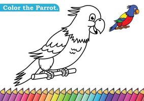 Coloring page for Parrot vector illustration.  Kindergarten children Coloring pages activity worksheet with cute colorful Parrot cartoon.  Parrot isolated on white background for color books.