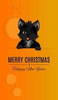 postal con gato negro, bola de navidad y lazo en colores naranja. vector