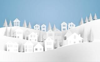 house in winter with paper art design vector