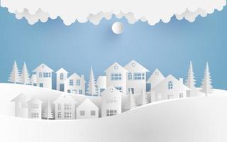 house in winter with paper art design vector