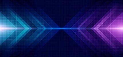 Abstract blue and purple arrow glowing with lighting and line grid on blue background vector