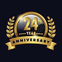 24th anniversary golden logo twenty four Years Badge with number 24 ribbon, laurel wreath vector design