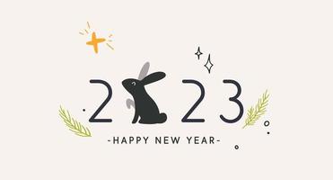 Happy New Year 2023 with zodiac black little rabbit nordic poster design vector