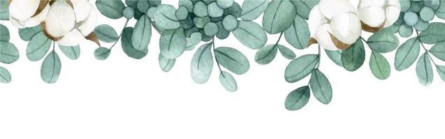 Watercolor seamless border with eucalyptus leaves and cotton flowers. delicate print on the theme of autumn, winter, christmas vector