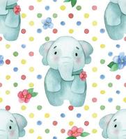 Watercolor seamless pattern. with cute little animals. baby elephant with flowers and colored polka dots on a white background vector